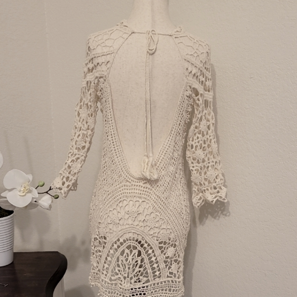 Cream 3/4 Sleeve Cropped Swim Coverup - Picture 2 of 2